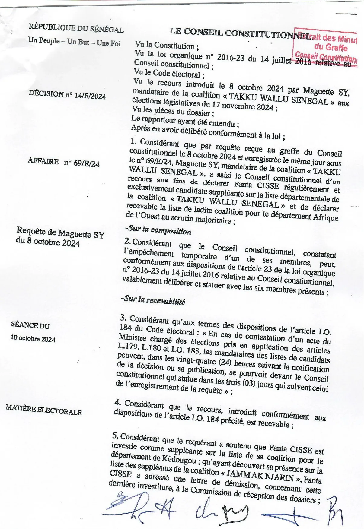 Décision n° 14/E/2024 du 10 octobre 2024 rejetant le recours de Maguette SY sur la liste de TAKKU WALLU SENEGAL pour Afrique de l’Ouest – Conseil constitutionnel