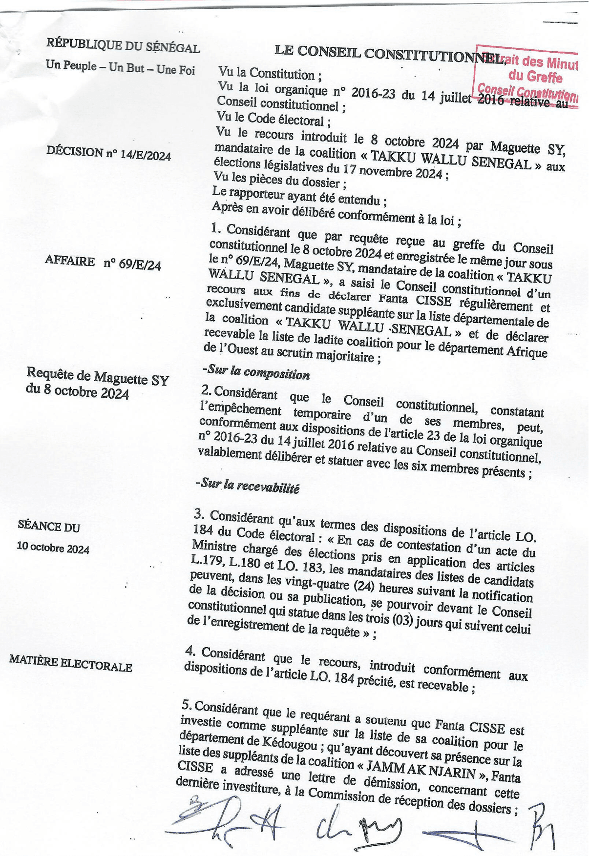 Décision n° 14/E/2024 du 10 octobre 2024 rejetant le recours de Maguette SY sur la liste de TAKKU WALLU SENEGAL pour Afrique de l’Ouest – Conseil constitutionnel