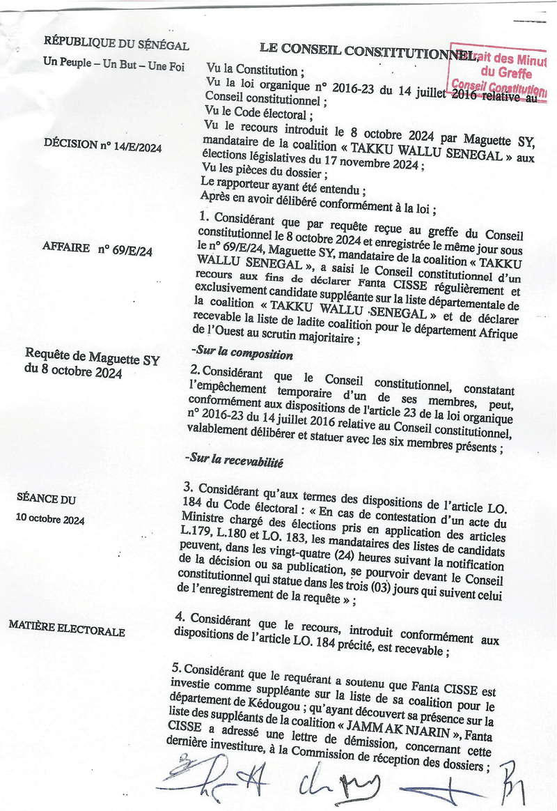 Décision n° 14/E/2024 du 10 octobre 2024 rejetant le recours de Maguette SY sur la liste de TAKKU WALLU SENEGAL pour Afrique de l’Ouest – Conseil constitutionnel
