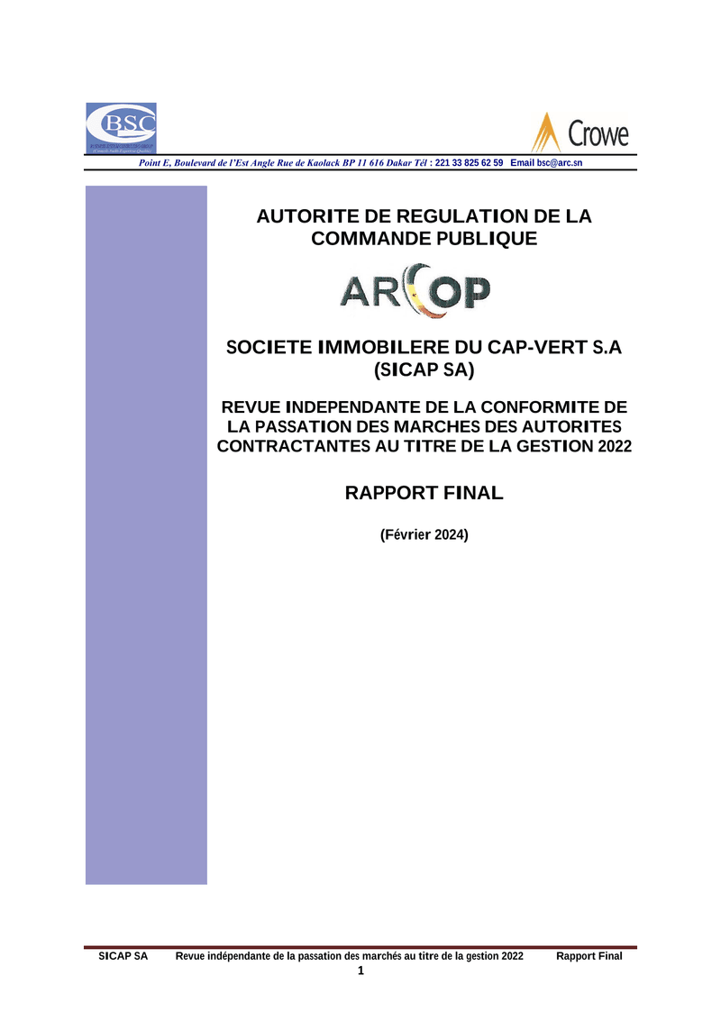 Revue indépendante de la passation des marchés de la SICAP SA, gestion 2022 – ARCOP