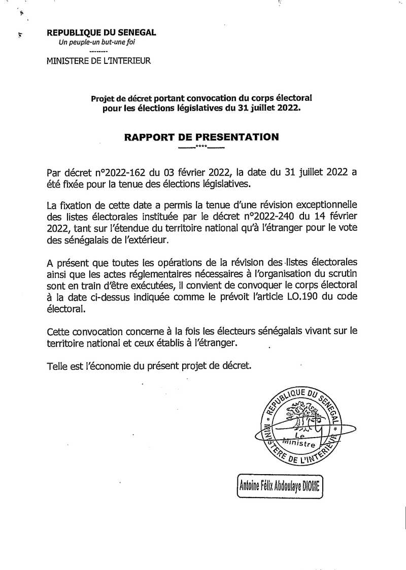 Décret n° 2022-868 portant convocation du corps électoral pour les élections législatives du 31 juillet 2022 – Président de la République