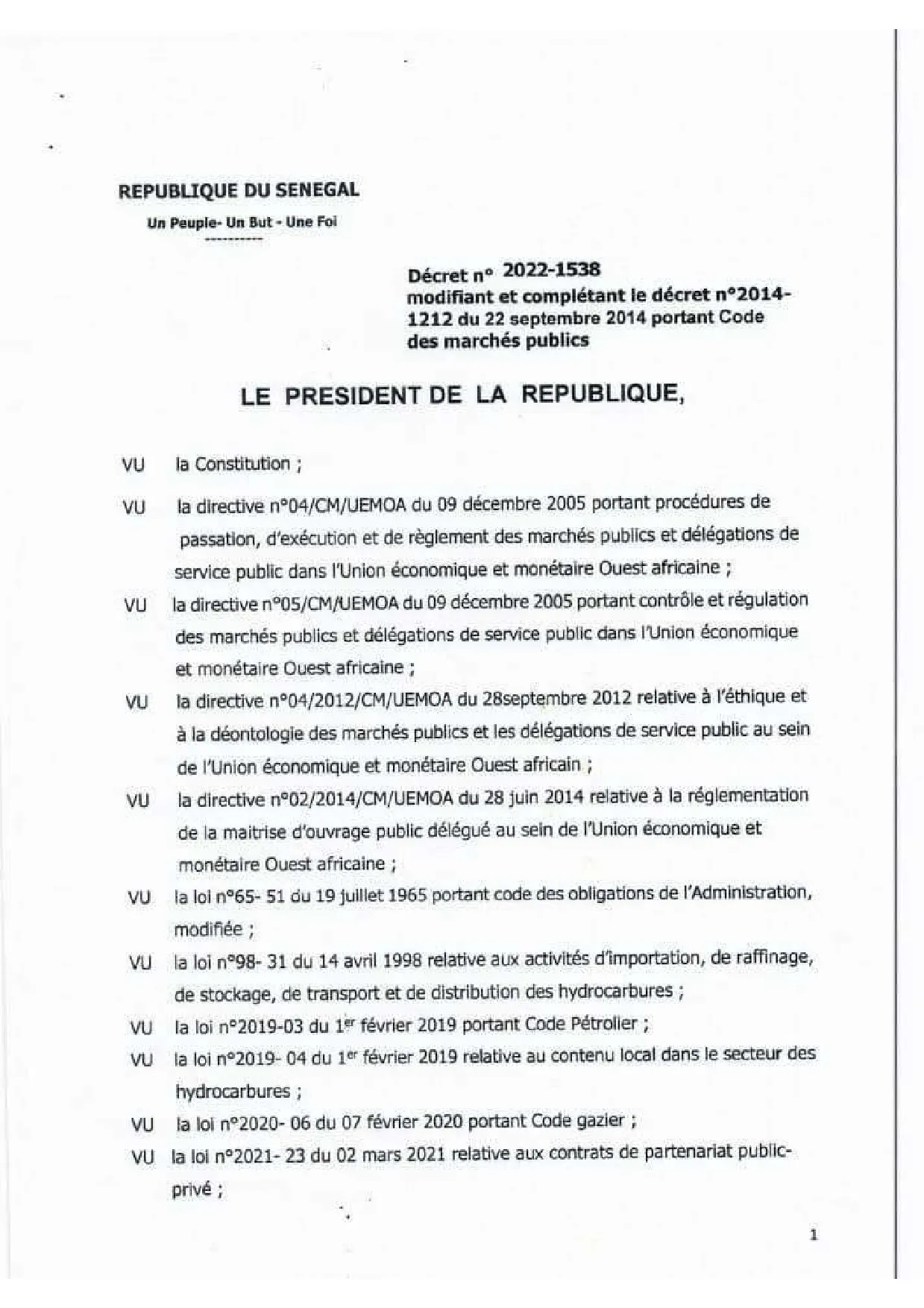 Décret n°2022-1538 modifiant le Code des marchés publics pour certaines sociétés publiques du secteur de l’énergie au Sénégal – Présidence de la République du Sénégal