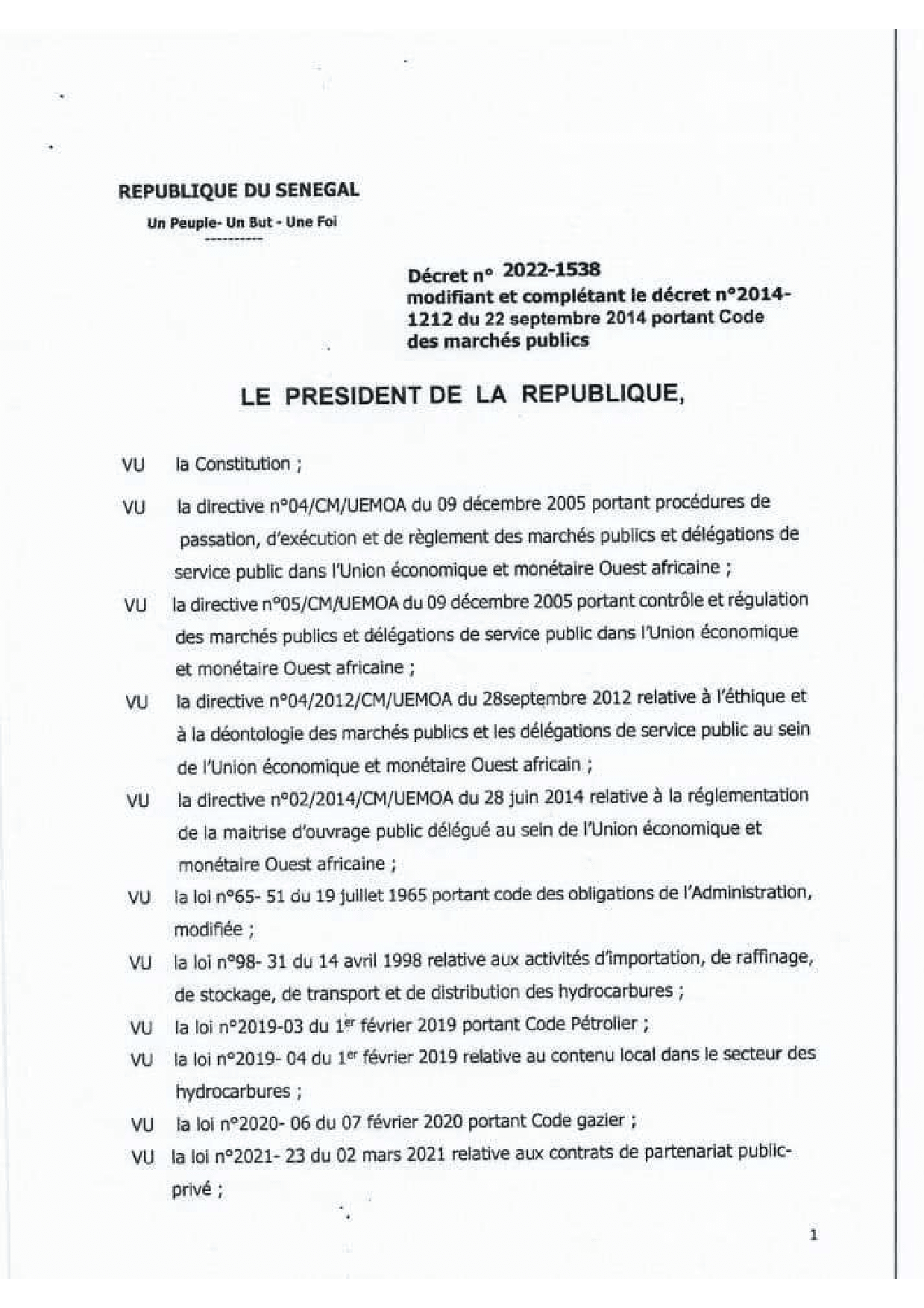 Décret n°2022-1538 modifiant le Code des marchés publics pour certaines sociétés publiques du secteur de l’énergie au Sénégal – Présidence de la République du Sénégal