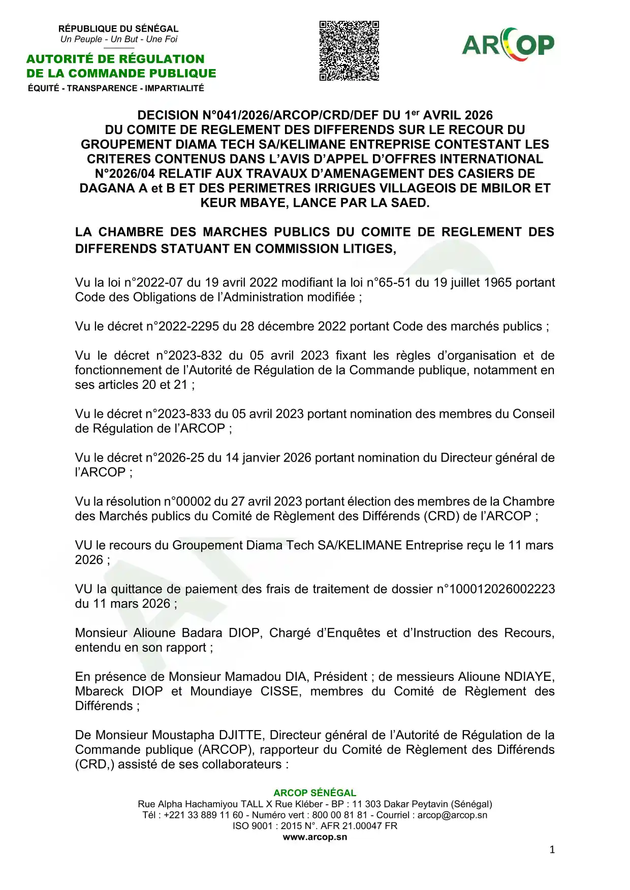 Décision n°041/2026/ARCOP/CRD/DEF du 1er avril 2026 sur un recours contre l’appel d’offres international n°2026/04 de la SAED pour des travaux d’aménagement à Dagana – ARCOP