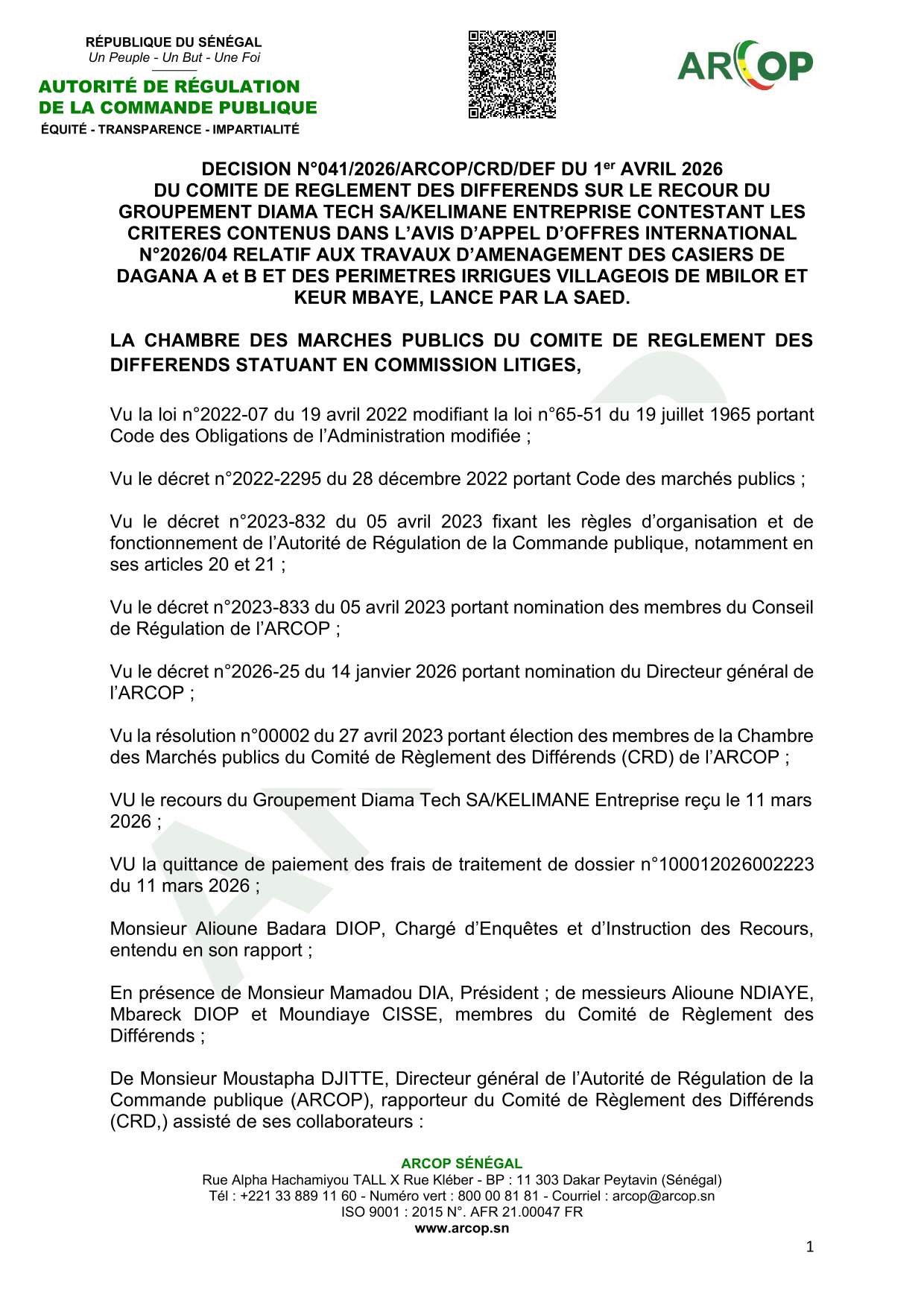 Décision n°041/2026/ARCOP/CRD/DEF du 1er avril 2026 sur un recours contre l’appel d’offres international n°2026/04 de la SAED pour des travaux d’aménagement à Dagana – ARCOP
