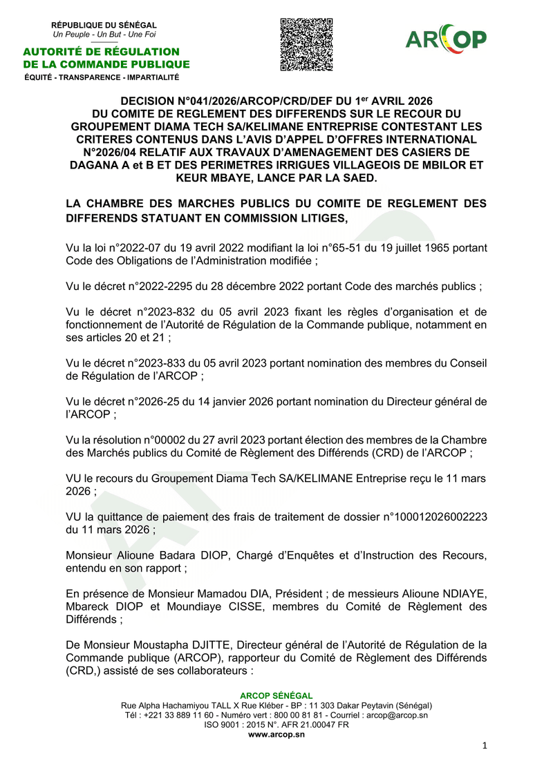 Décision n°041/2026/ARCOP/CRD/DEF du 1er avril 2026 sur un recours contre l’appel d’offres international n°2026/04 de la SAED pour des travaux d’aménagement à Dagana – ARCOP