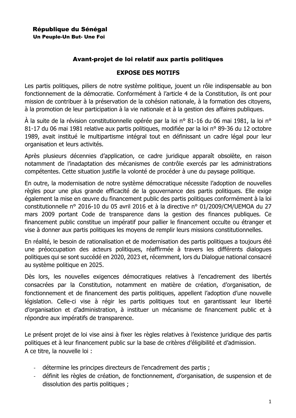 Avant-projet de loi relatif aux partis politiques – République du Sénégal
