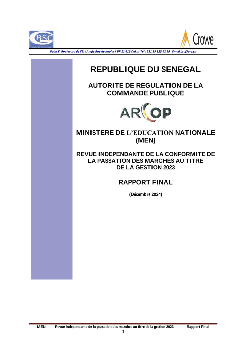 Rapport d’audit 2023 sur la passation des marchés publics du Ministère de l’Éducation nationale du Sénégal – ARCOP