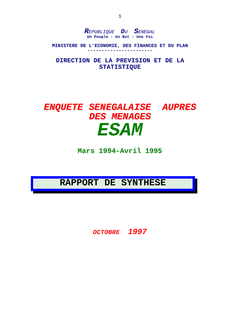 Enquête sénégalaise auprès des ménages (ESAM), rapport de synthèse 1994-1995 – Direction de la Prévi