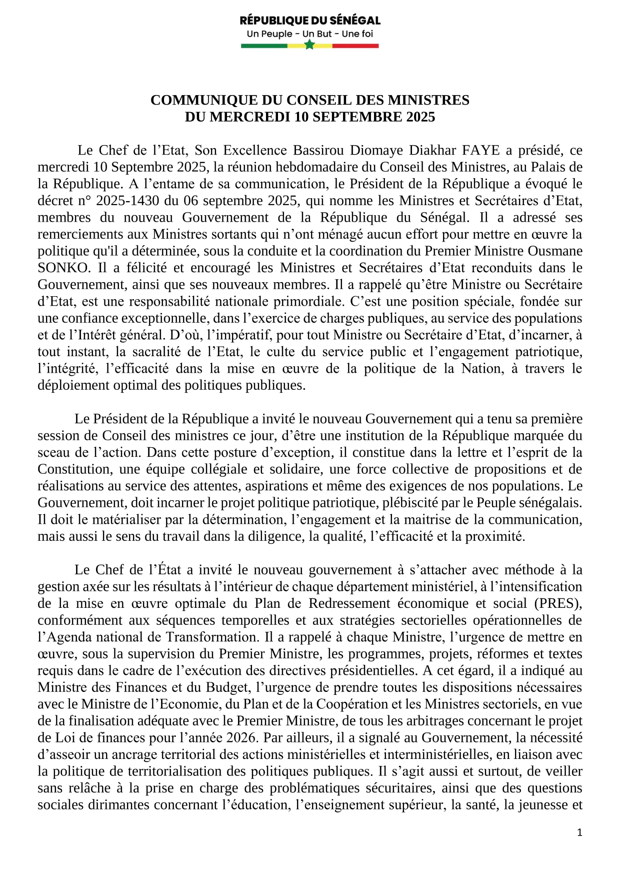 Conseil des ministres du 10 Septembre 2025