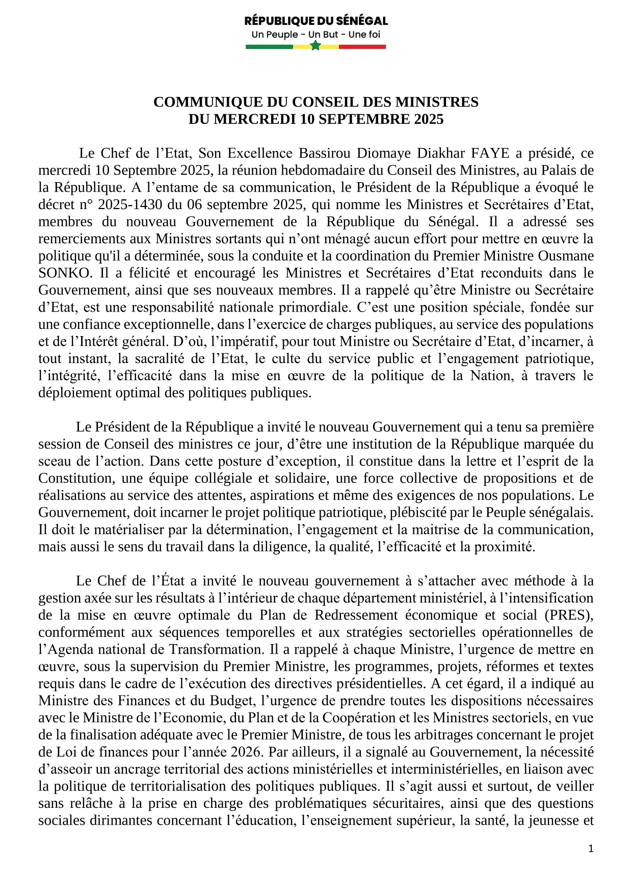 Conseil des ministres du 10 Septembre 2025