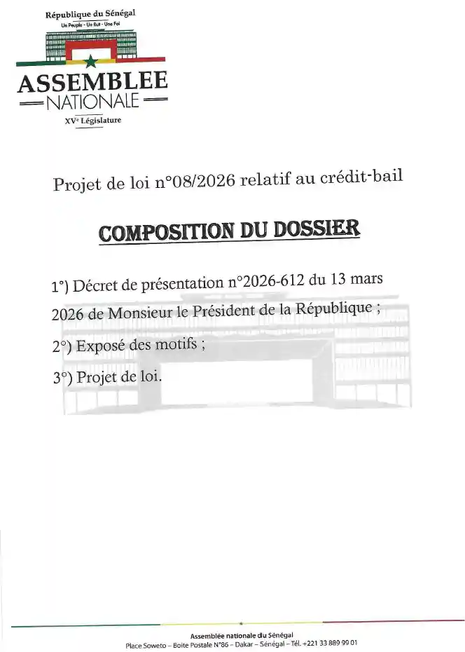 Projet de loi n°08/2026 relatif au crédit-bail – Sénégal