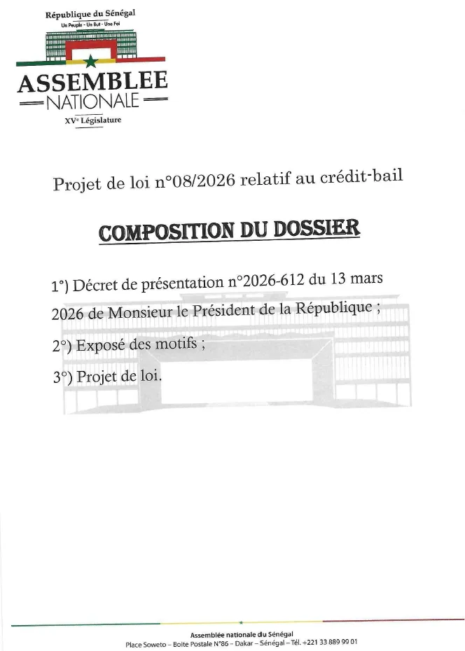 Projet de loi n°08/2026 relatif au crédit-bail – Sénégal