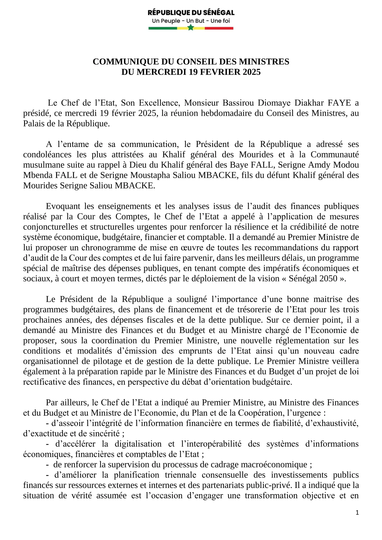 Conseil des ministres du 19 février 2025