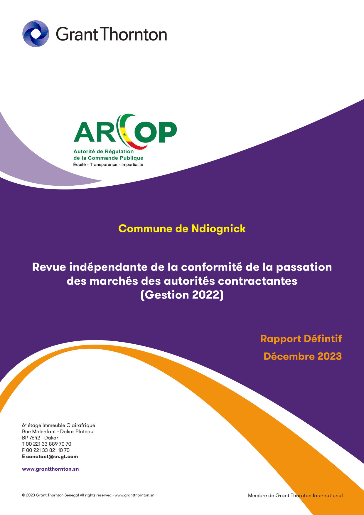 Rapport définitif d’audit de la passation des marchés publics de la Commune de Ndiognick pour la gestion 2022 – ARCOP
