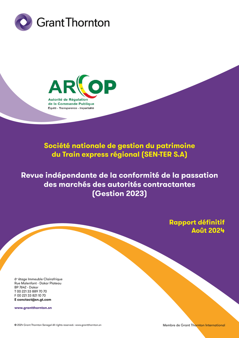 Rapport d’audit de conformité des marchés publics 2023 de la Société nationale de gestion du patrimoine du Train express régional (SEN-TER S.A) – ARCOP