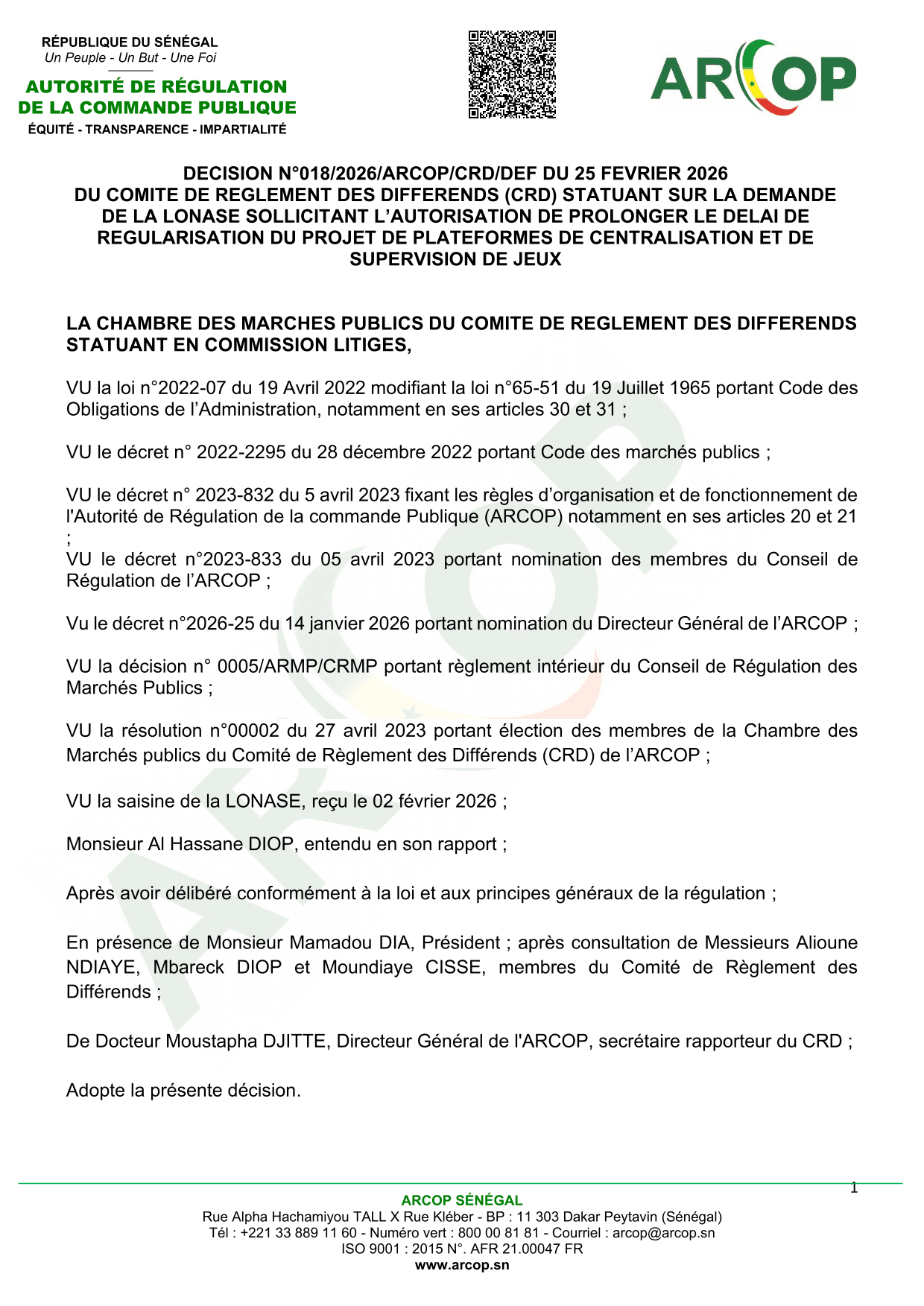 Décision n°018/2026 de l’ARCOP sur la prolongation du délai de régularisation du projet de plateform