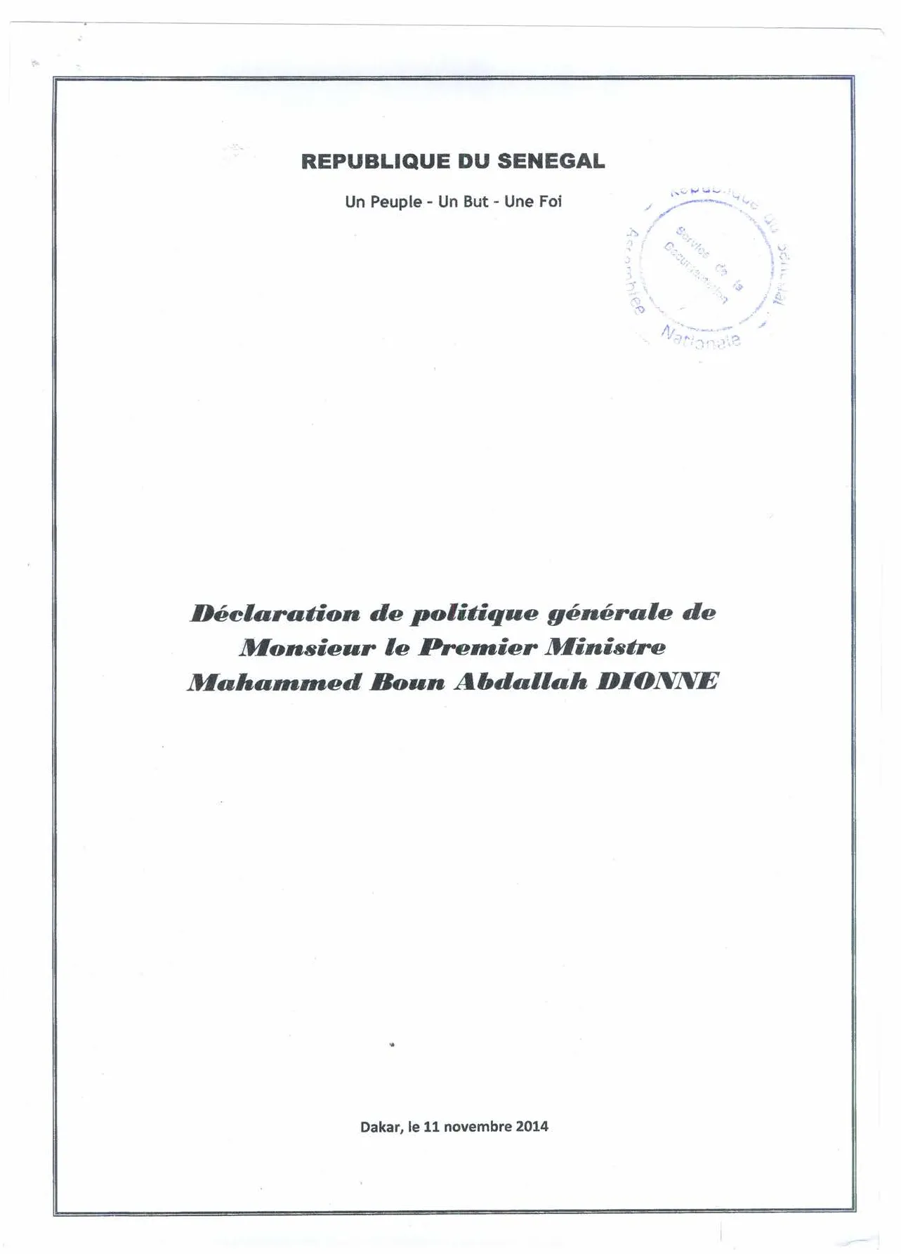 Déclaration de politique générale de Monsieur le Premier Ministre Mahammed Boun Abdallah Dionne