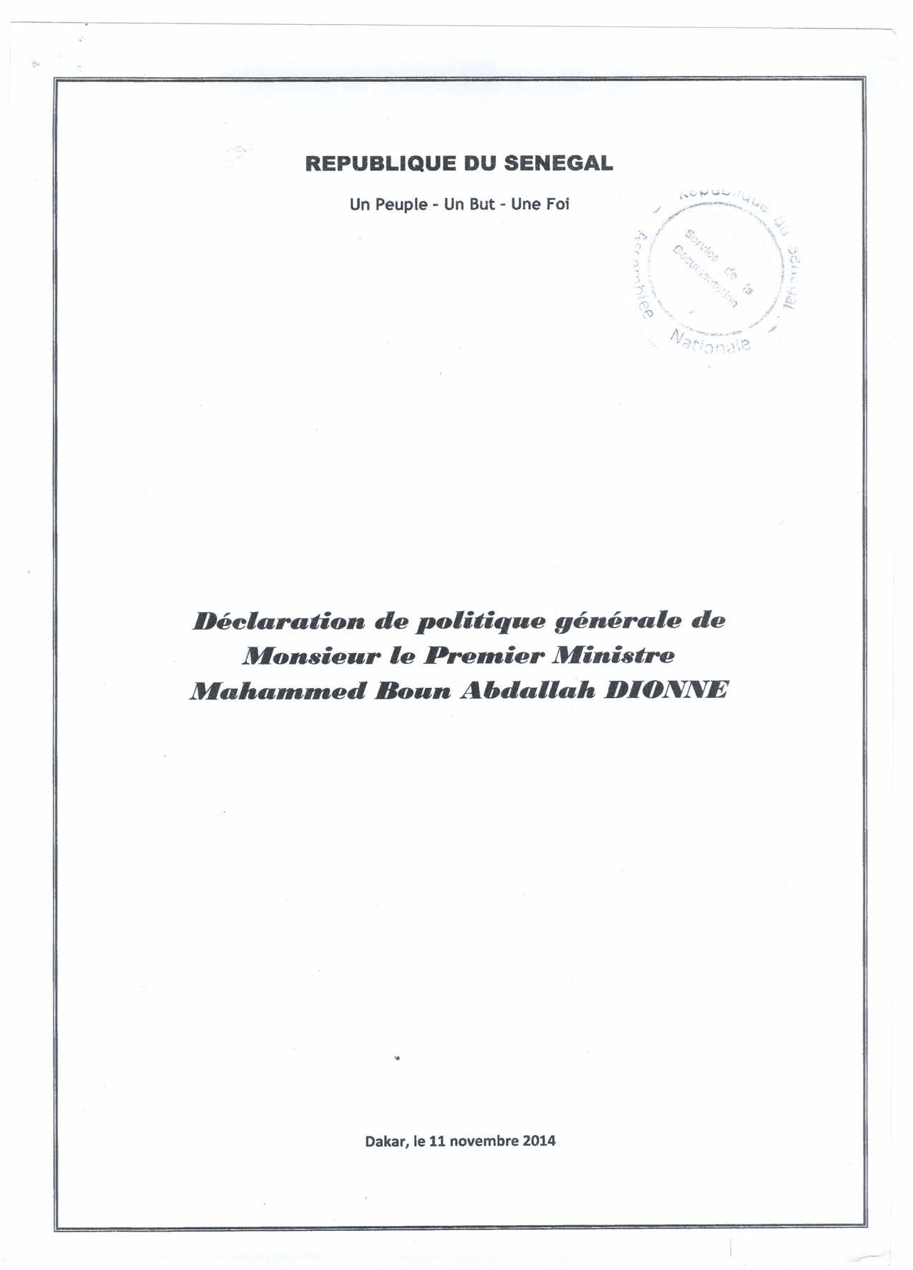 Déclaration de politique générale de Monsieur le Premier Ministre Mahammed Boun Abdallah Dionne
