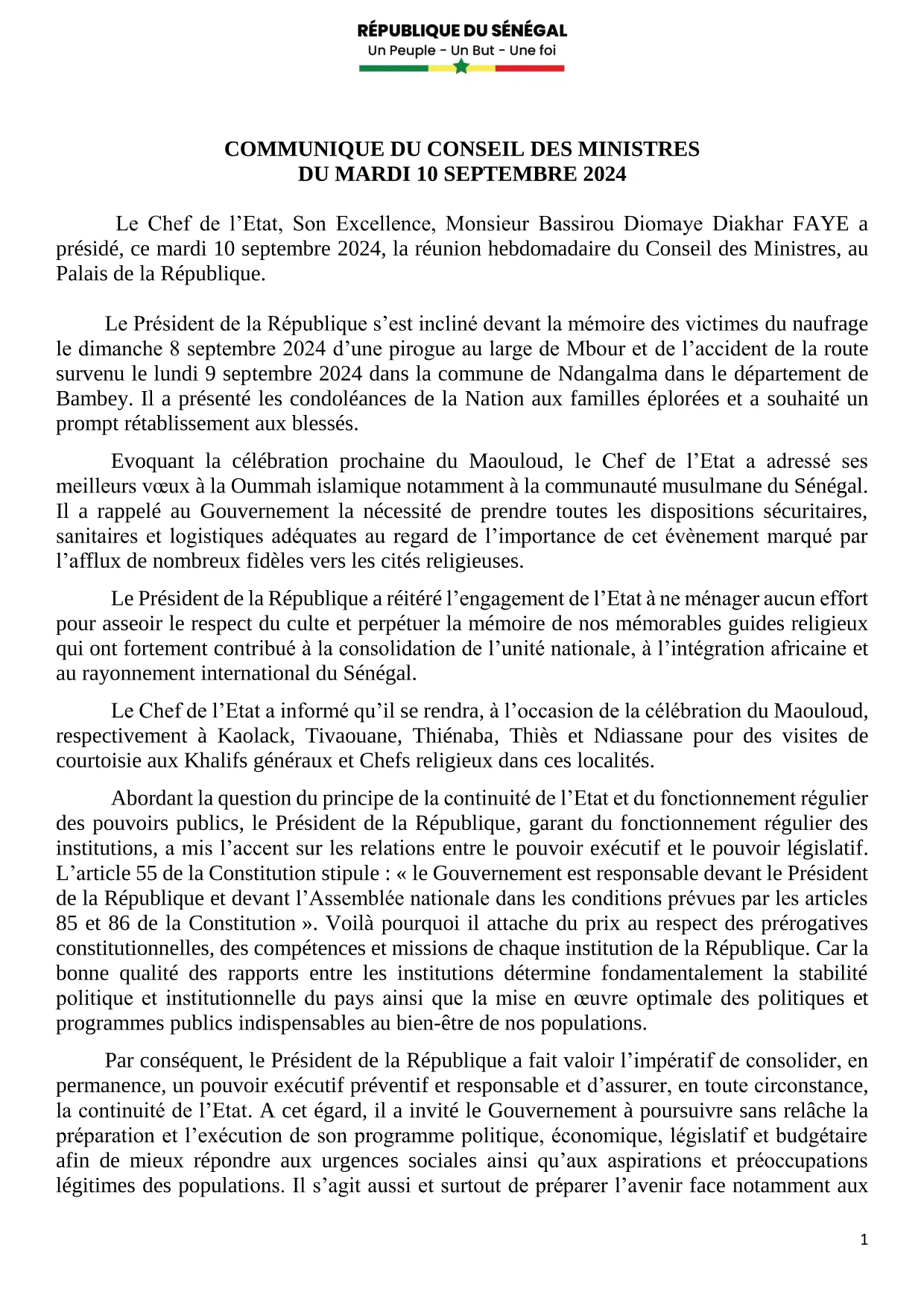 Conseil des ministres du 10 septembre 2024