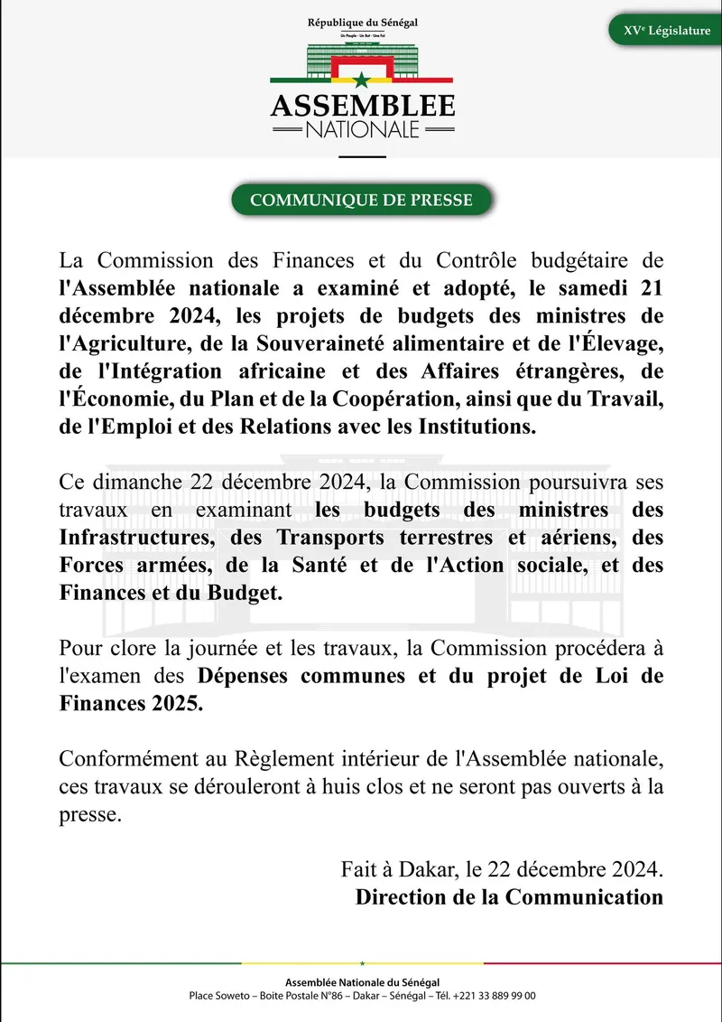 communiqu&eacute; de presse assembl&eacute;e nationale S&eacute;n&eacute;gal