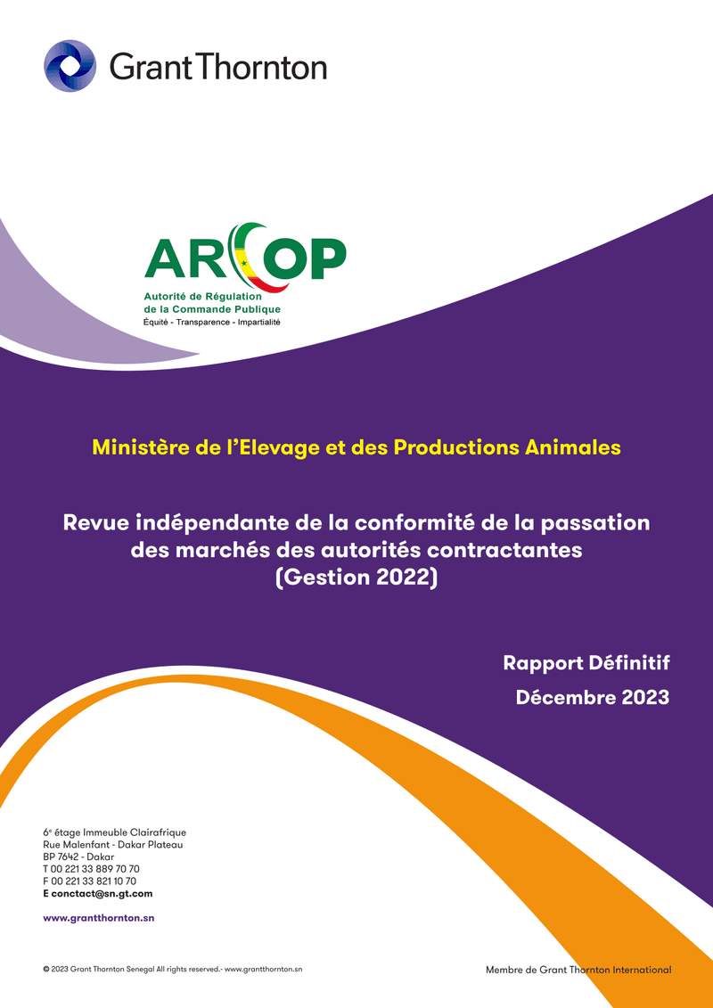 Rapport d’audit de conformité sur la passation des marchés publics du Ministère de l’Élevage et des Productions animales pour la gestion 2022 – ARCOP