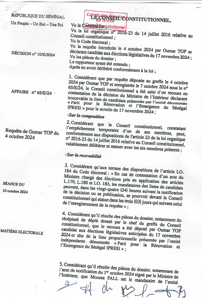 Décision n° 10/E/2024 du 10 octobre 2024 portant irrecevabilité de la requête de Oumar TOP contre le rejet de la liste PRES – Conseil constitutionnel du Sénégal