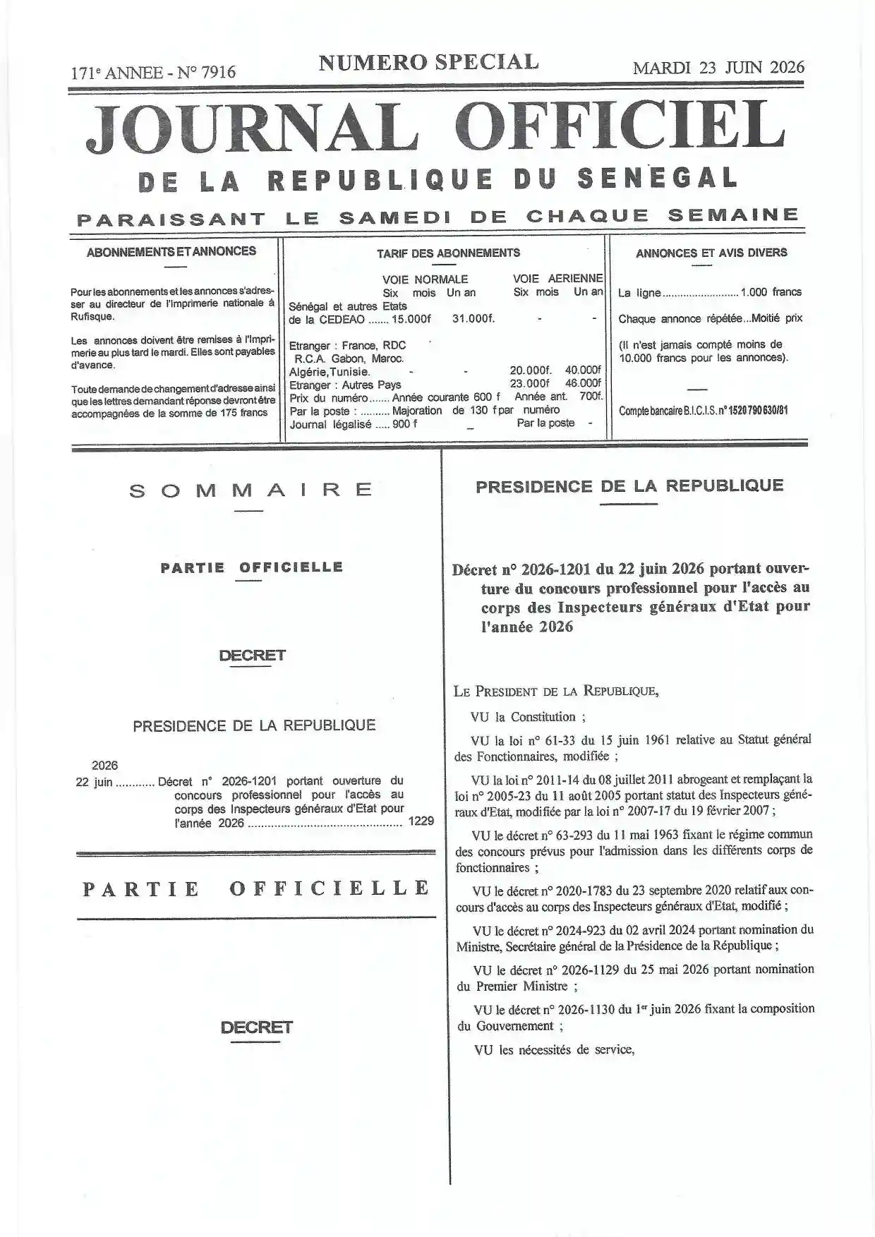 Journal Officiel N° 7915 du 20 juin 2026 - République du Sénégal