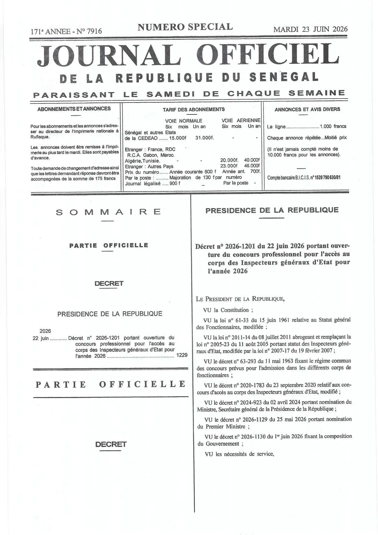 Journal Officiel N° 7915 du 20 juin 2026 - République du Sénégal 