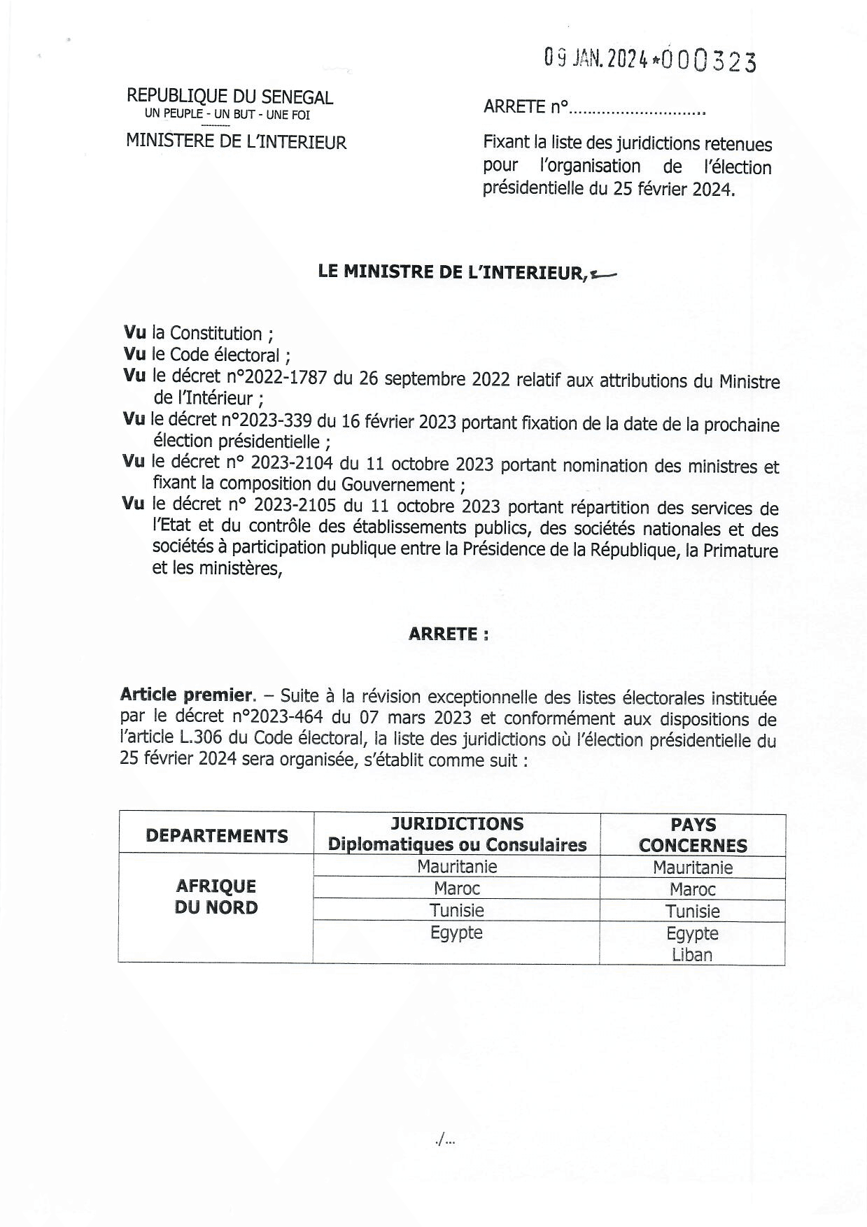Arrêté fixant la liste des juridictions retenues pour l’organisation de l’élection présidentielle du 25 février 2024 à l’étranger – Ministère de l’Intérieur