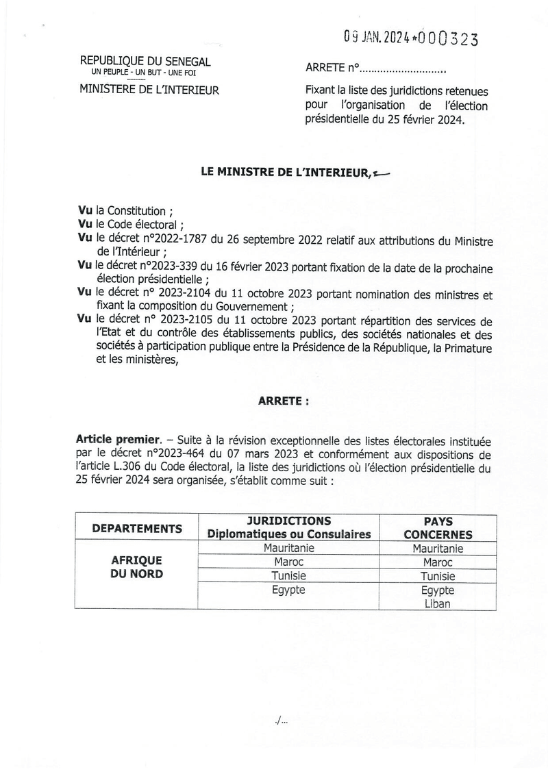 Arrêté fixant la liste des juridictions retenues pour l’organisation de l’élection présidentielle du 25 février 2024 à l’étranger – Ministère de l’Intérieur