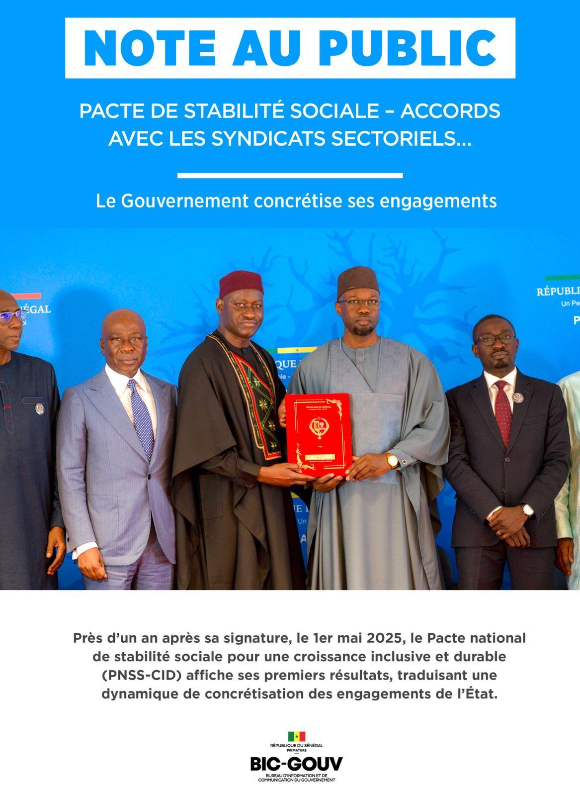 Note au public - Pacte de stabilité sociale - Accords avec les syndicats sectoriels