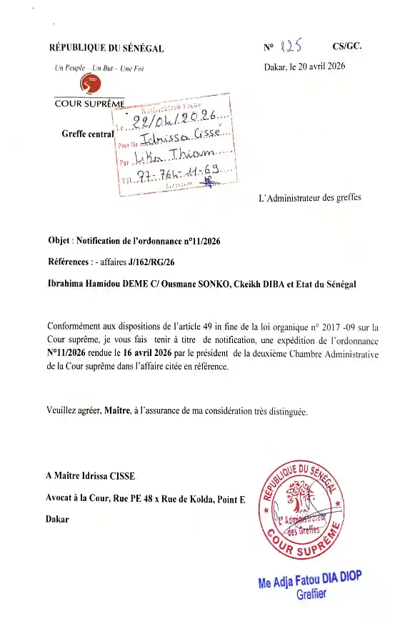 Ordonnance n°11/2026 de la Cour suprême du Sénégal – Rejet d'une requête en référé pour communication des fonds politiques (2025-2026) – Cour suprême