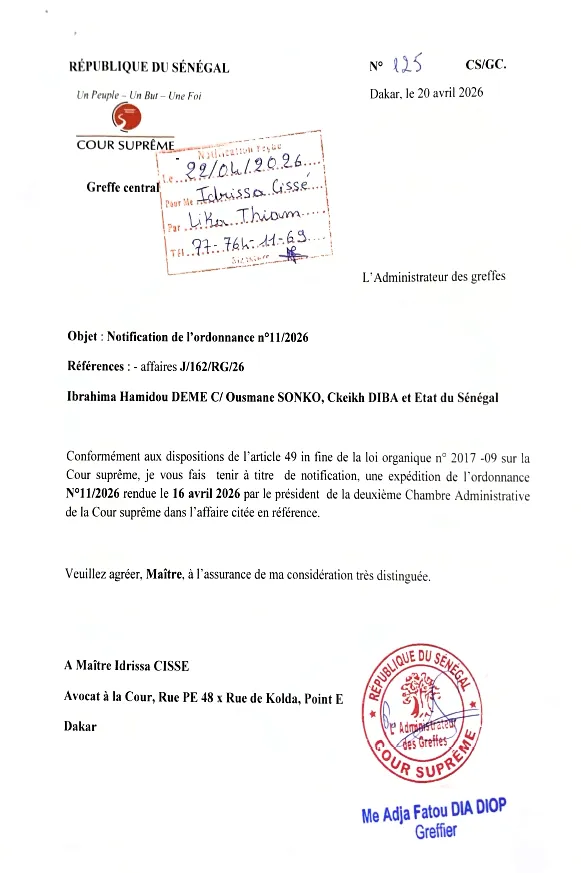 Ordonnance n°11/2026 de la Cour suprême du Sénégal – Rejet d'une requête en référé pour communication des fonds politiques (2025-2026) – Cour suprême