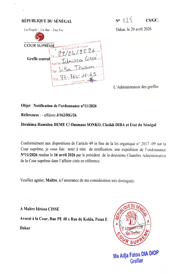Aperçu Ordonnance n°11/2026 de la Cour suprême du Sénégal – Rejet d'une requête en référé pour communication des fonds politiques (2025-2026) – Cour suprême