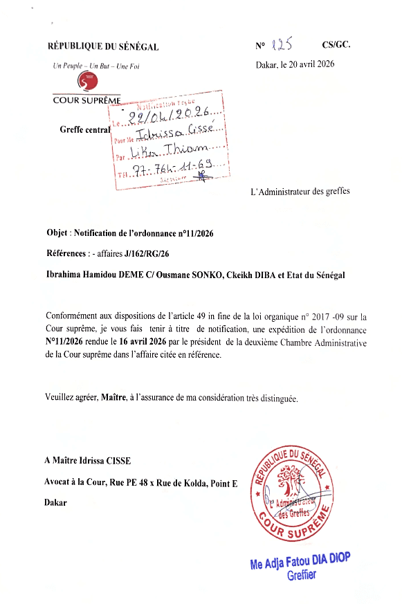 Ordonnance n°11/2026 de la Cour suprême du Sénégal – Rejet d'une requête en référé pour communication des fonds politiques (2025-2026) – Cour suprême
