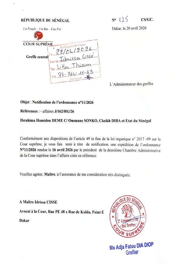 Ordonnance n°11/2026 de la Cour suprême du Sénégal – Rejet d'une requête en référé pour communication des fonds politiques (2025-2026) – Cour suprême
