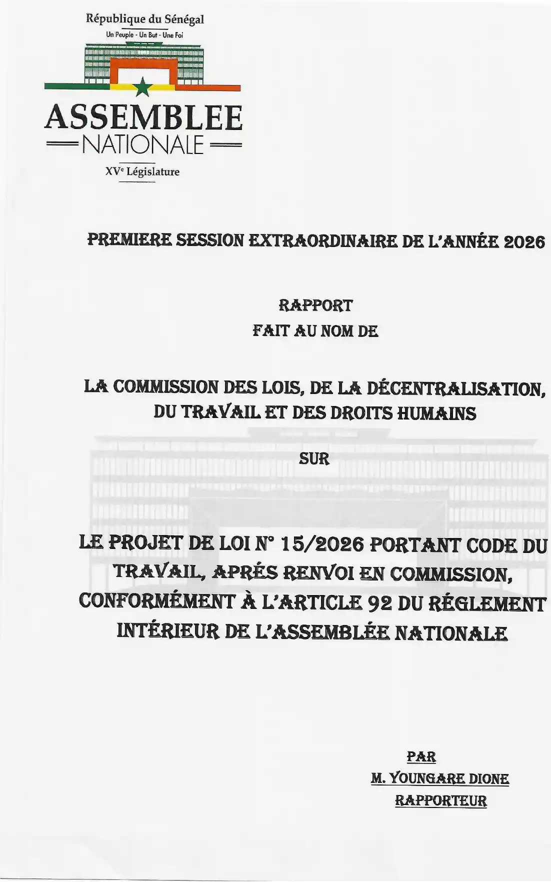 Rapport commission N°2 - Projet de loi n°15/2026 portant Code du Travail – Assemblée nationale du Sénégal (2026)