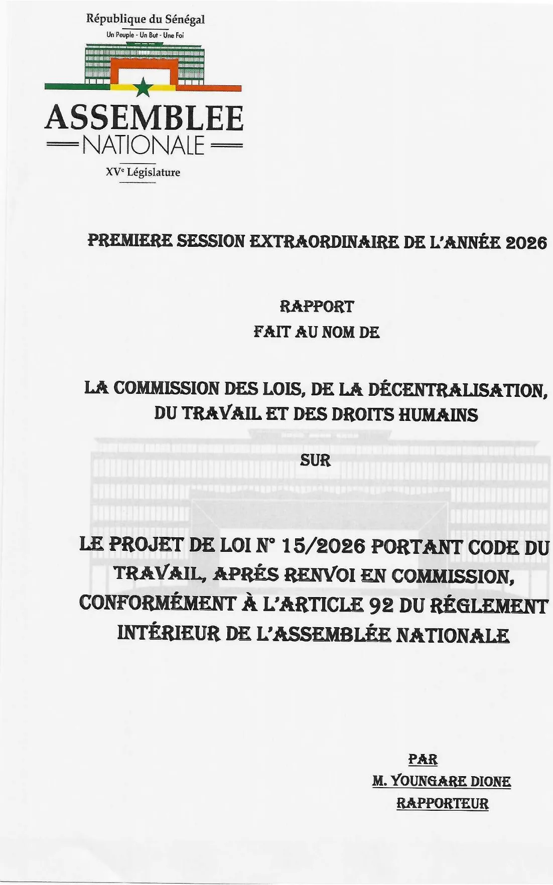 Rapport commission N°2 - Projet de loi n°15/2026 portant Code du Travail – Assemblée nationale du Sénégal (2026)