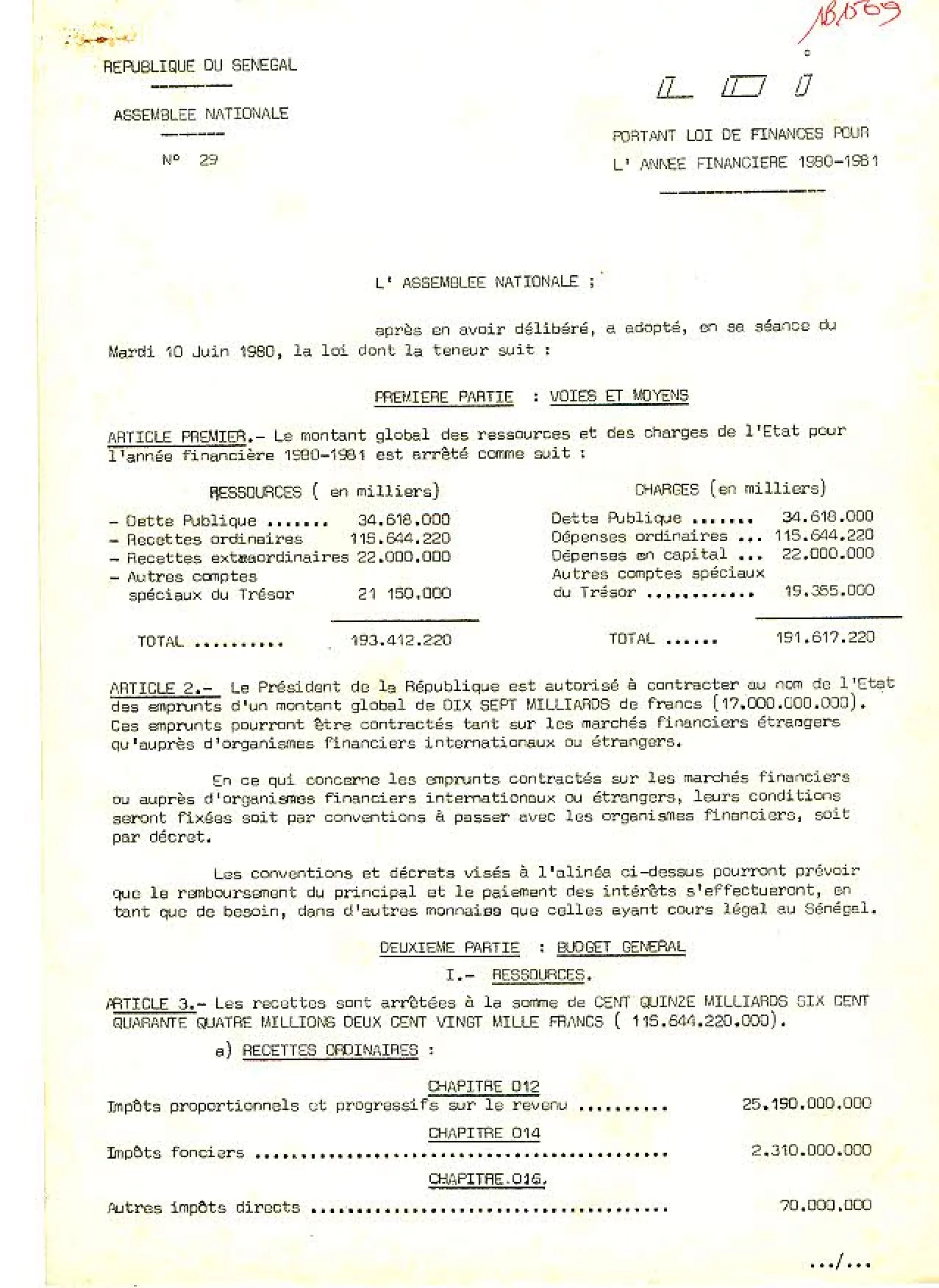 Loi portant loi de finances pour l'année financière 1980-1981