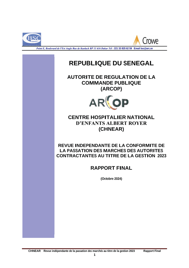 Revue indépendante de la conformité de la passation des marchés du CHNEAR, gestion 2023 – ARCOP