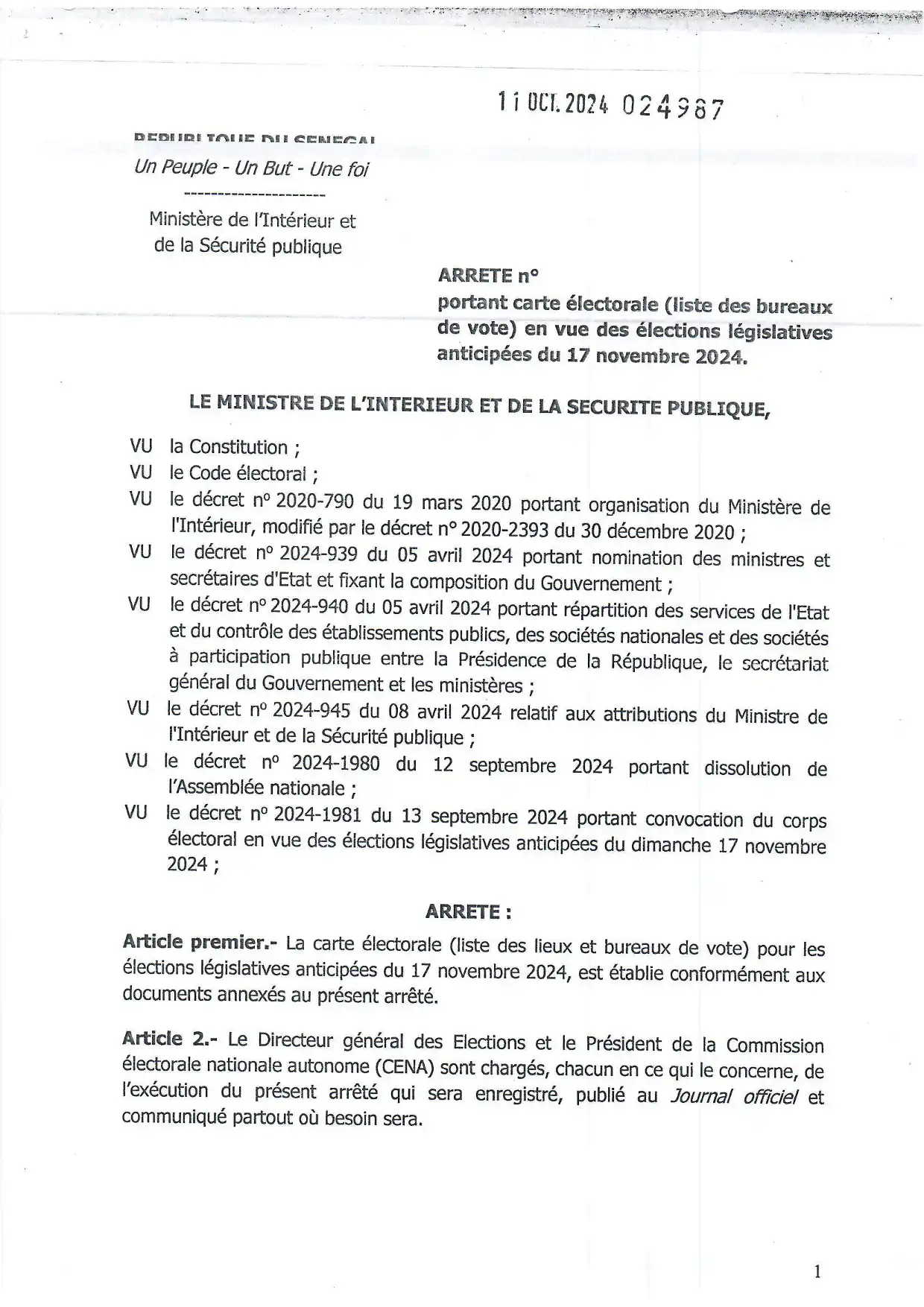 Aperçu Arrêté n° 024987 portant carte électorale et liste des bureaux de vote pour les élections législatives anticipées du 17 novembre 2024 au Sénégal – Ministère de l'Intérieur et de la Sécurité publique