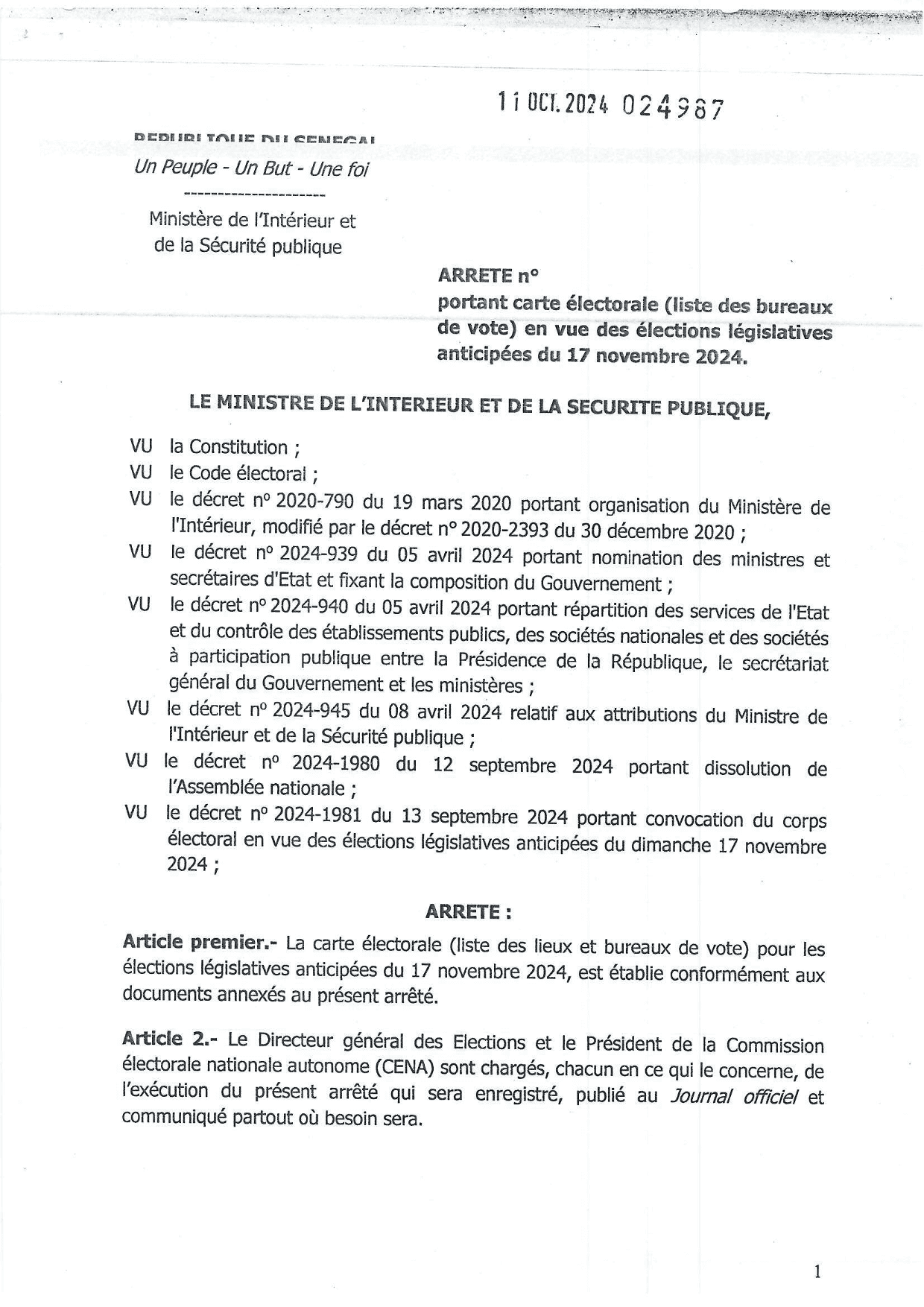 Aperçu Arrêté n° 024987 portant carte électorale et liste des bureaux de vote pour les élections législatives anticipées du 17 novembre 2024 au Sénégal – Ministère de l'Intérieur et de la Sécurité publique