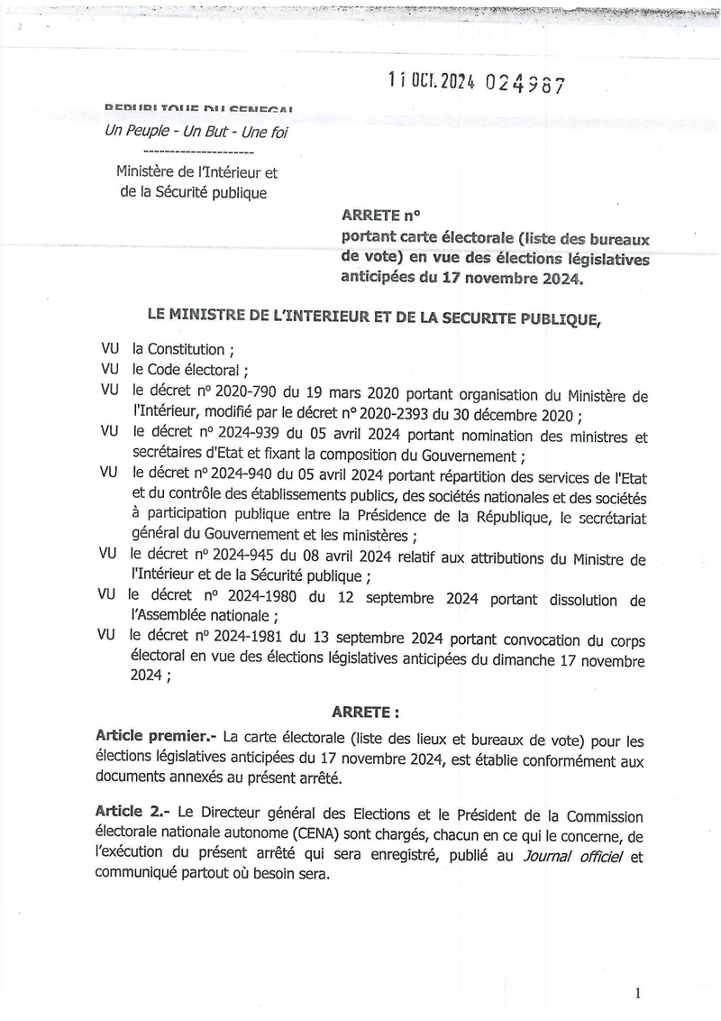 Arrêté n° 024987 portant carte électorale et liste des bureaux de vote pour les élections législatives anticipées du 17 novembre 2024 au Sénégal – Ministère de l'Intérieur et de la Sécurité publique
