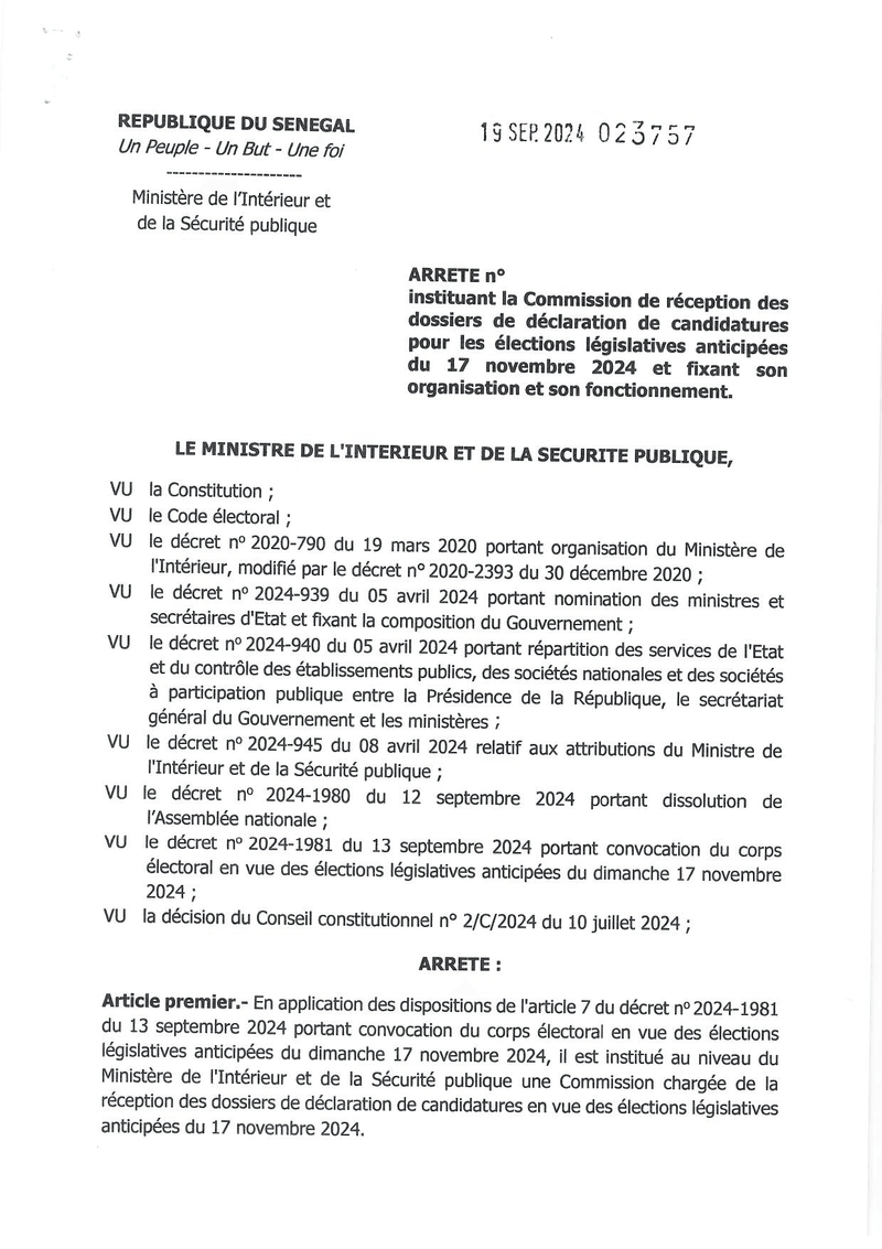 Arrêté instituant la Commission de réception des candidatures aux élections législatives anticipées du 17 novembre 2024 – Direction générale des élections (DGE)