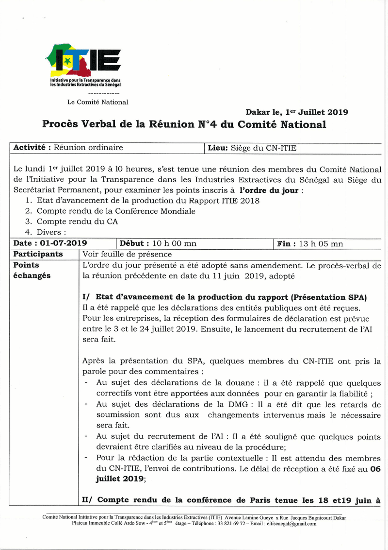 Procès-verbal de la réunion n°4 du 1er juillet 2019 sur l’avancement du Rapport ITIE 2018 et la Norme ITIE 2019 – Comité national ITIE Sénégal