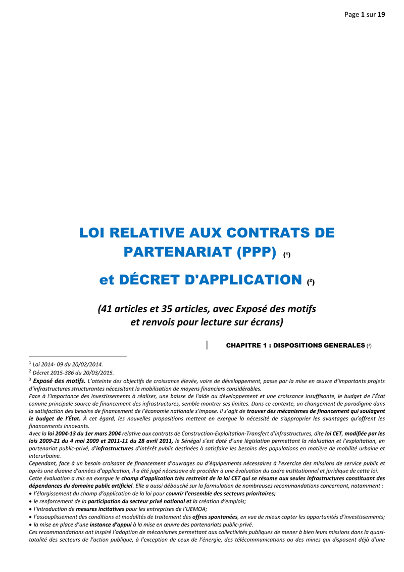Loi n°2014-09 du 20 février 2014 et décret n°2015-386 du 20 mars 2015 relatifs aux contrats de partenariat public-privé au Sénégal