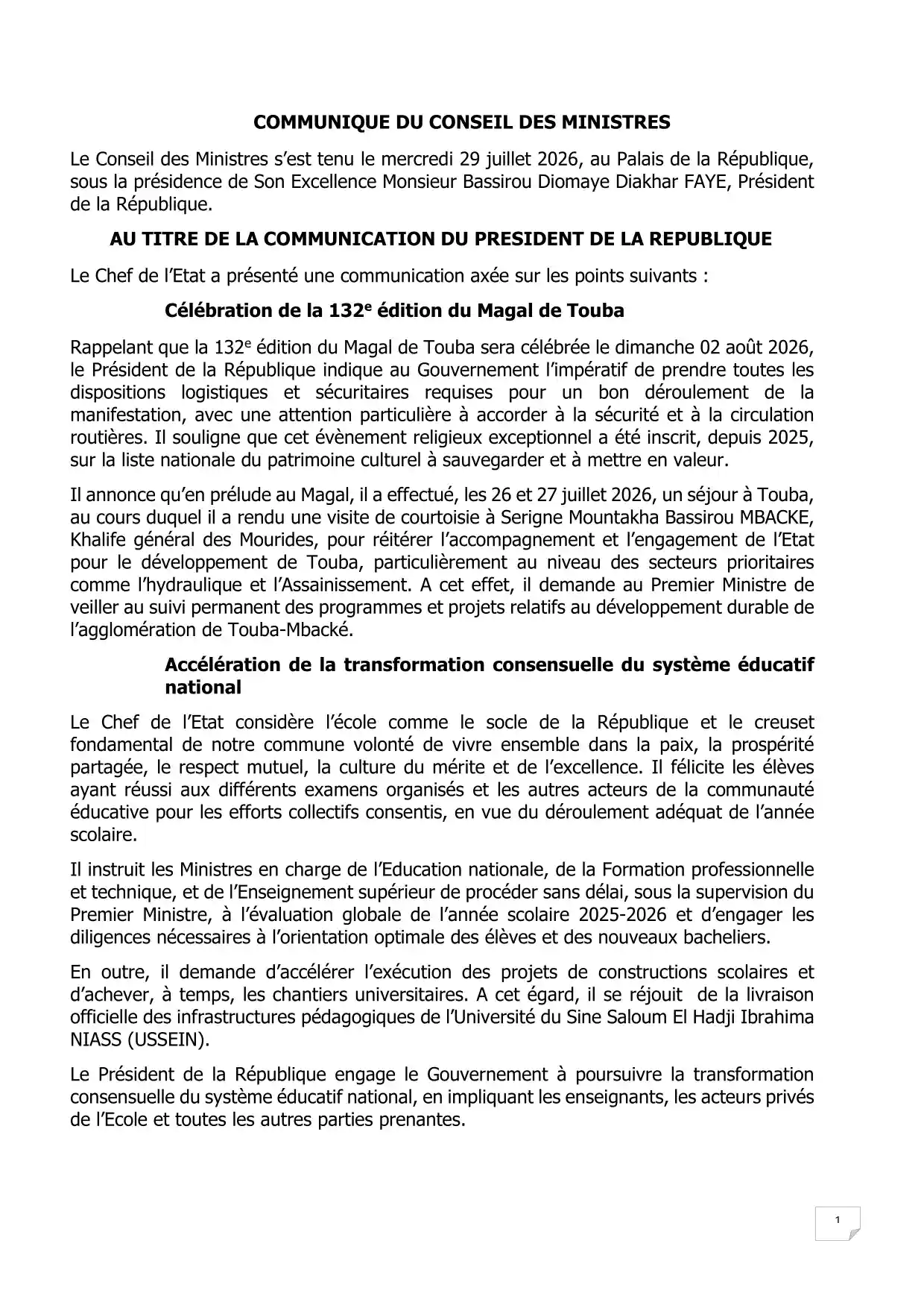 Communiqué Conseil Des Ministres  du 29 Juillet 2026