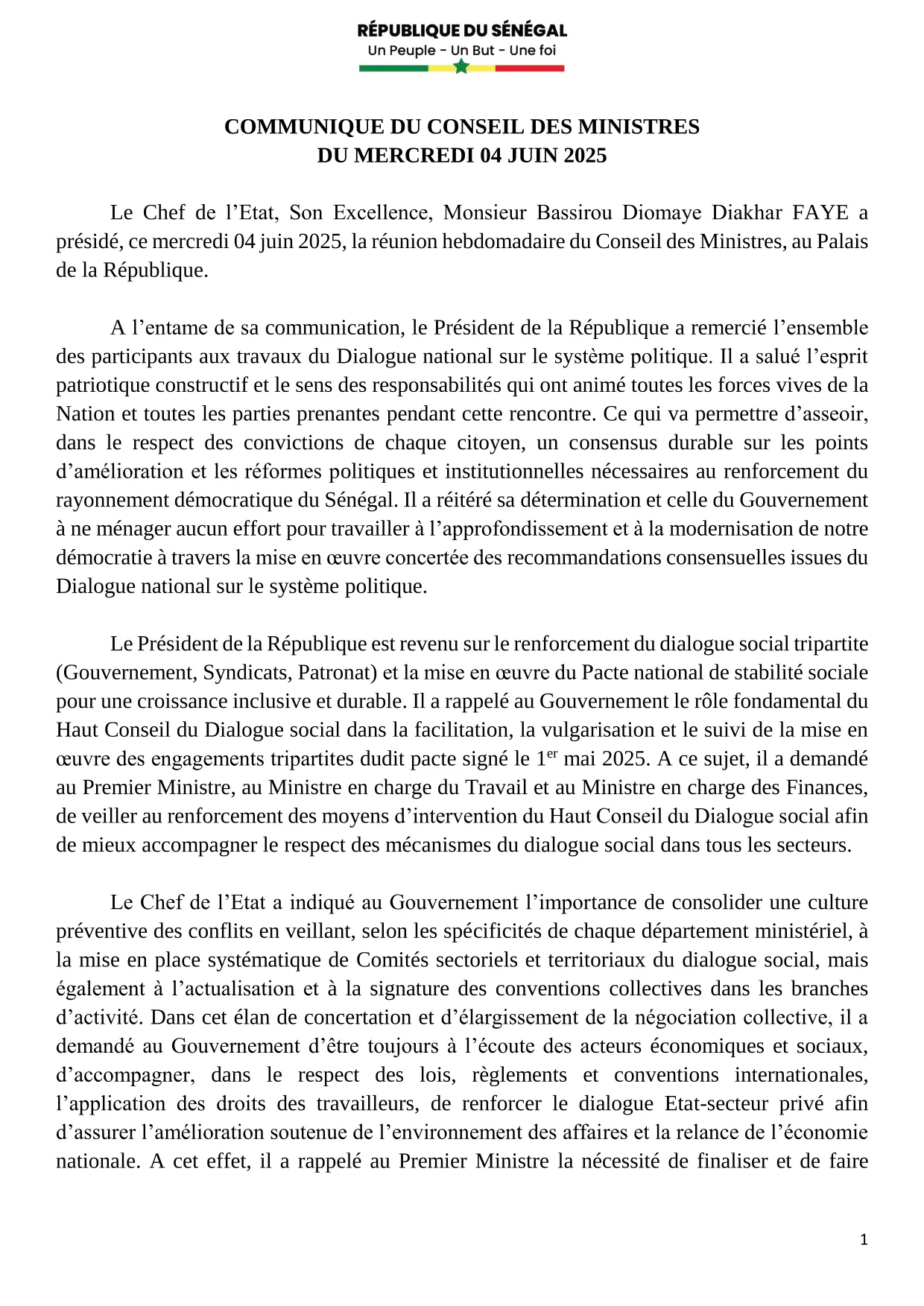 Conseil des ministres du 04 Juin 2025