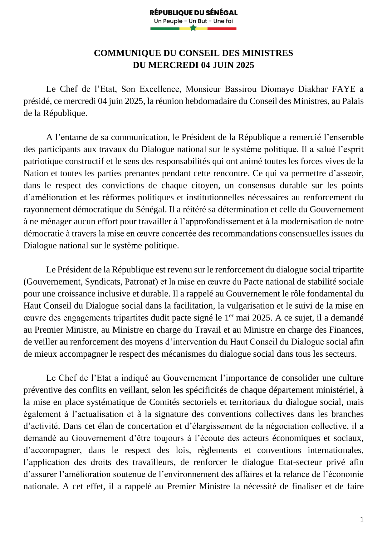 Conseil des ministres du 04 Juin 2025